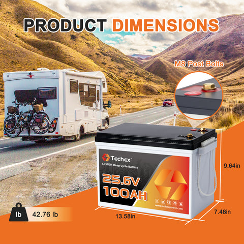 Techex 24V 100Ah LiFePO4 Battery, 100A BMS, Low Temp Cut Off, Deep Cycle for Trolling Motor, Boat, RV, Solar, Camping, Off Grid (No Bluetooth)