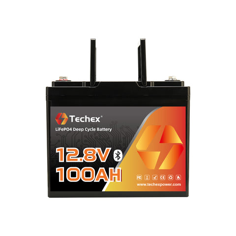 Techex 12V 100Ah LiFePO4 Battery Bluetooth, MINI Size, 100A BMS, Low Temp Cut Off, Deep Cycle for Trolling Motor, Boat, RV, Solar, Camping, Off Grid