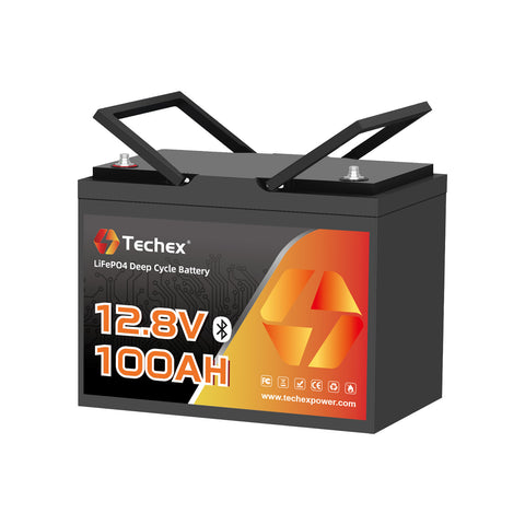 Techex 12V 100Ah LiFePO4 Battery Bluetooth, Group 24, 100A BMS, Low Temp Cut Off, Deep Cycle for Trolling Motor, Boat, RV, Solar, Camping, Off Grid