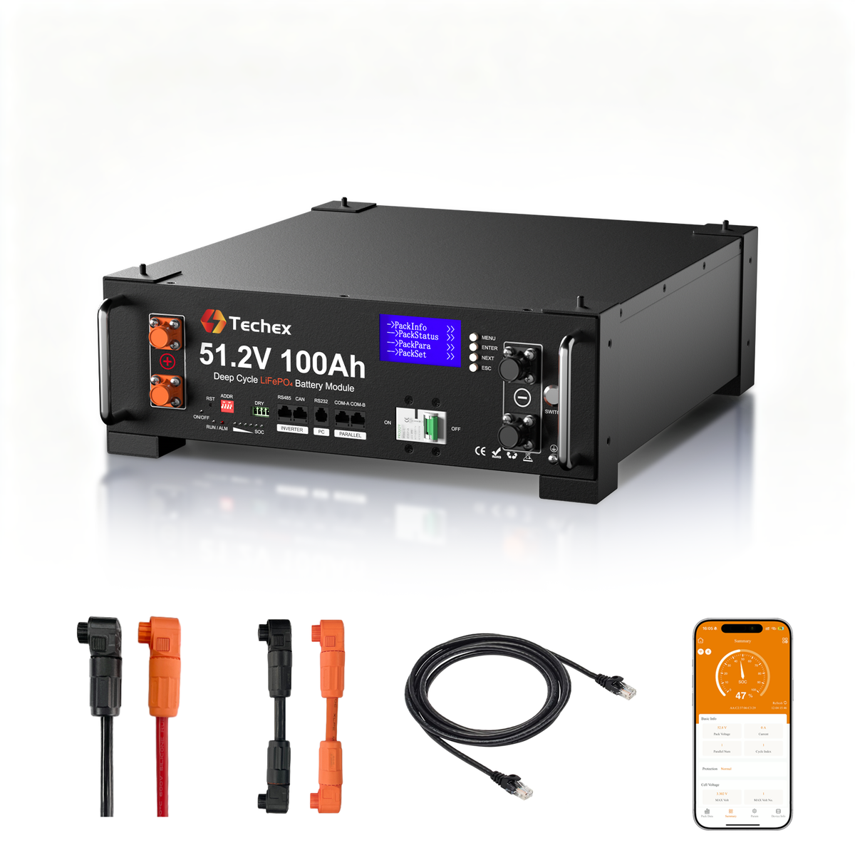 [UPGRADED VERSION]Techex 48V 100Ah LiFePO4 Battery, 100A BMS with Inverter Communication, 3U Rack-Mount, WiFi& Bluetooth& Smart Display, Fire Suppression, Max. 5.12kW Power Output for Off-Grid, Solar System, Backup