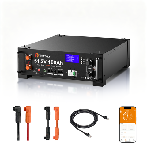 [UPGRADED VERSION]Techex 48V 100Ah LiFePO4 Battery, 100A BMS with Inverter Communication, 3U Rack-Mount, WiFi& Bluetooth& Smart Display, Fire Suppression, Max. 5.12kW Power Output for Off-Grid, Solar System, Backup