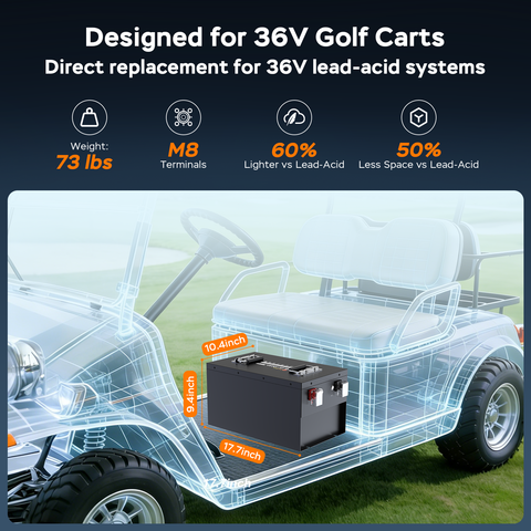 Techex 36V Lithium Golf Cart Battery, LCD Monitor/ Bluetooth App, 200A BMS with 400A Peak Current, Complete kit with 43.8V 25A charger, Metal Case