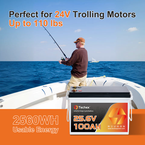 Techex 24V 100Ah LiFePO4 Battery, 200A BMS, 5120W Load Power, Low Temp Cut Off, Deep Cycle, 24V lithium battery for Trolling Motor, Boat, RV, Solar, Camping, Off Grid （No Bluetooth）