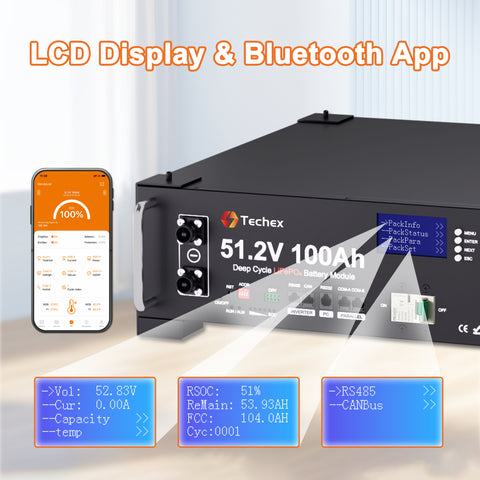 Techex 48V 100Ah LiFePO4 Battery, 100A BMS with Inverter Communication, 3U Rack-Mount, Smart Display & Bluetooth, 6000+ Cycles, Max. 5.12kW Power Output for Off-Grid, Solar System, Backup