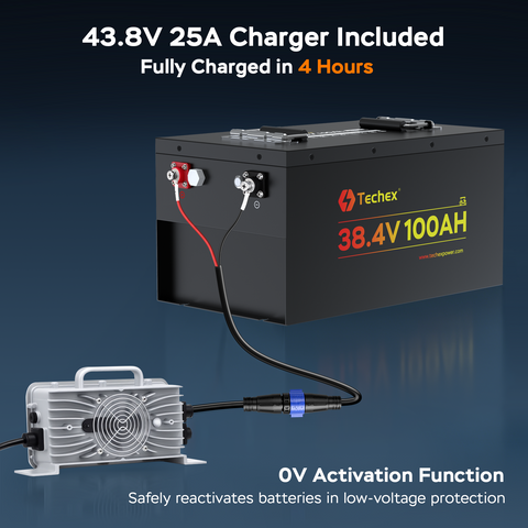 Techex 36V Lithium Golf Cart Battery, LCD Monitor/ Bluetooth App, 200A BMS with 400A Peak Current, Complete kit with 43.8V 25A charger, Metal Case