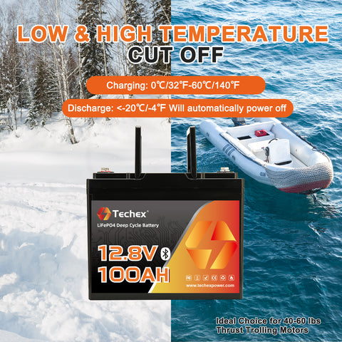 Techex 12V 100Ah LiFePO4 Battery Bluetooth, Group 24, 100A BMS, Low Temp Cut Off, Deep Cycle for Trolling Motor, Boat, RV, Solar, Camping, Off Grid