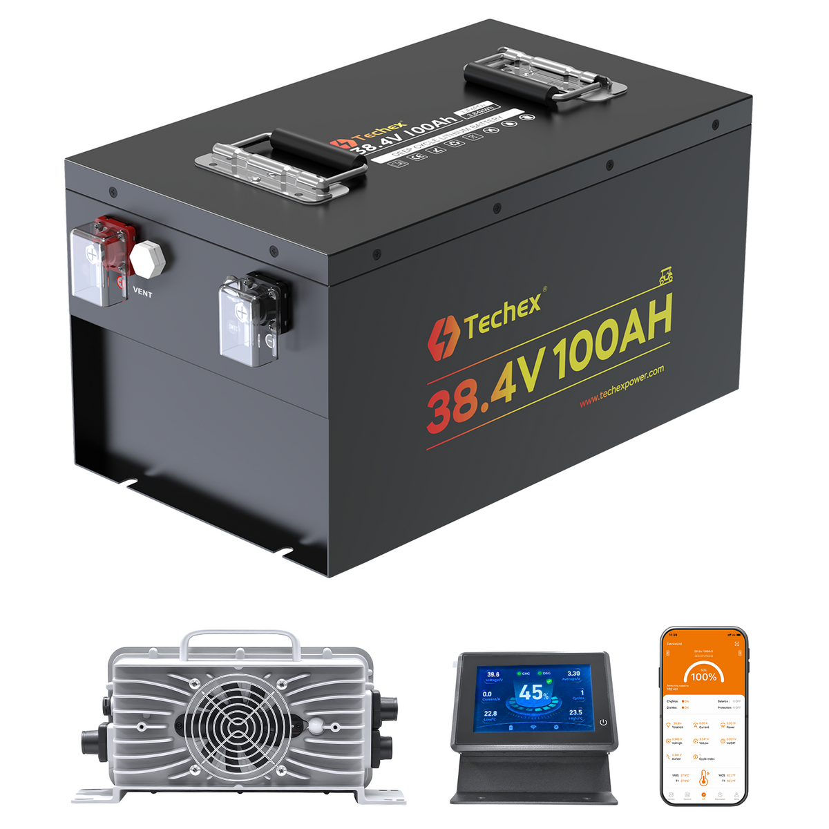 Techex 36V Lithium Golf Cart Battery, LCD Monitor/ Bluetooth App, 200A BMS with 400A Peak Current, Complete kit with 43.8V 25A charger, Metal Case